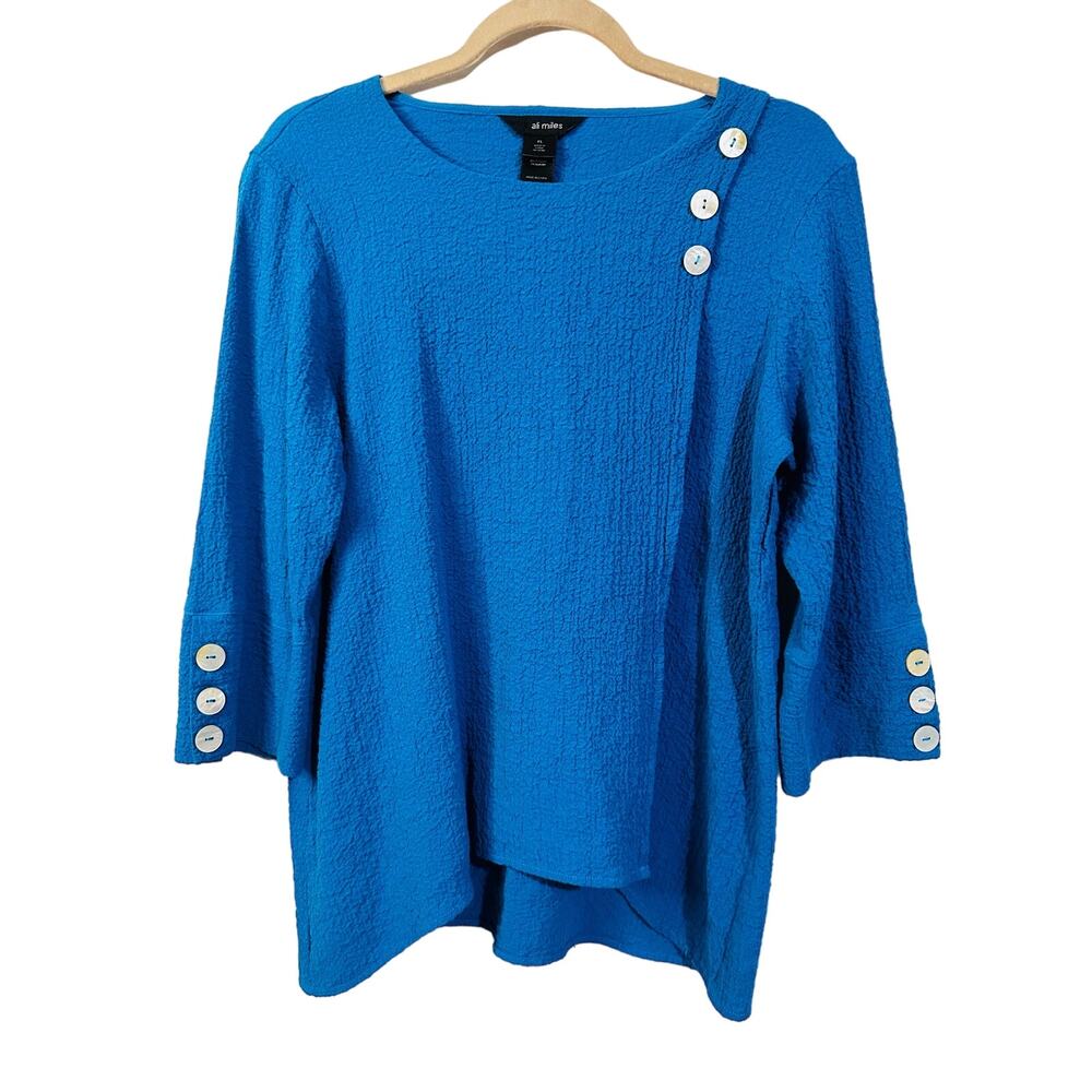 Ali Miles DEEP SEA BLUE Button-Trim Scoop Neck Pucker GAUZY Tunic Top Size PL